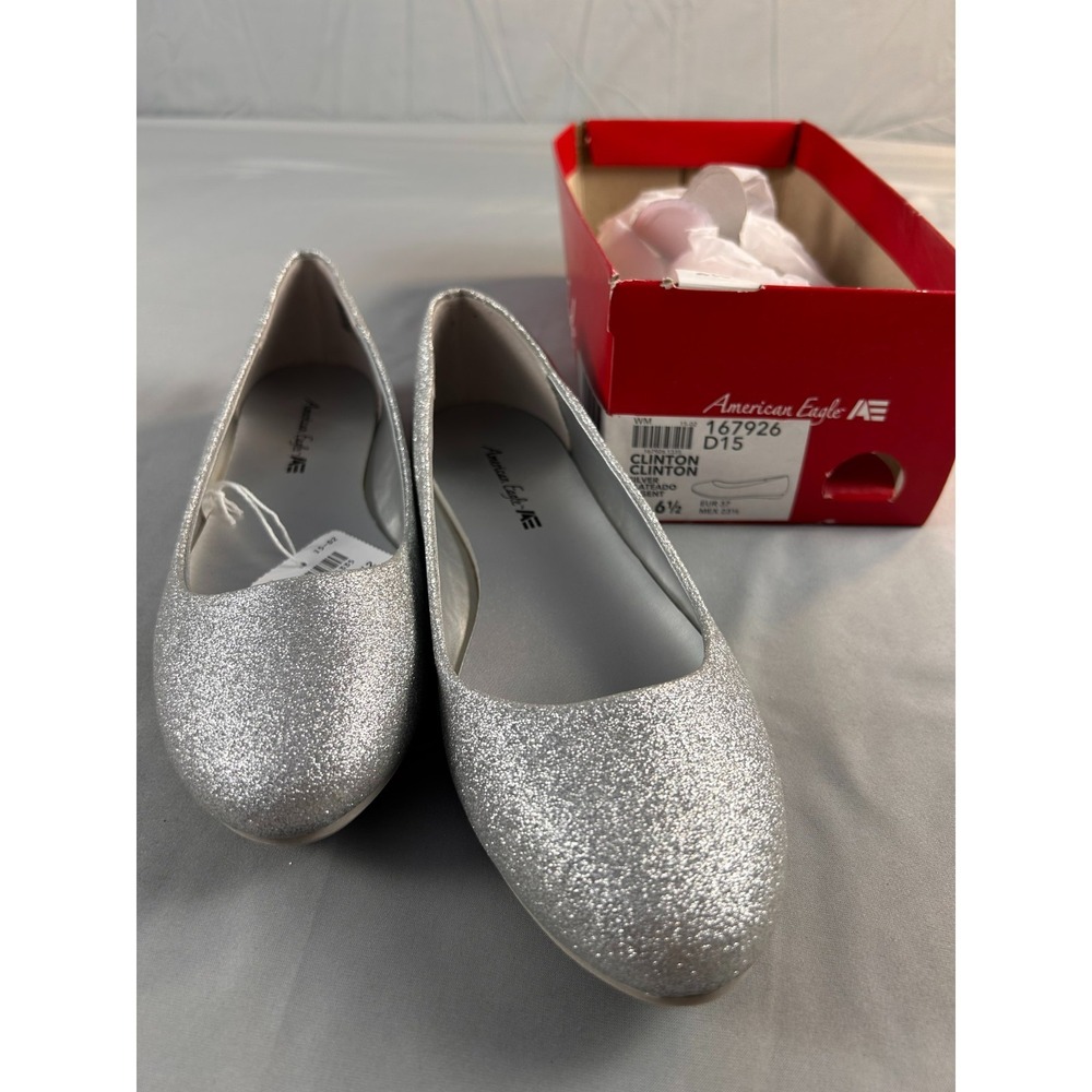 American Eagle Women Shoes Size 6.5 Silver Glitter Ballet Flats Sparkle NWT
